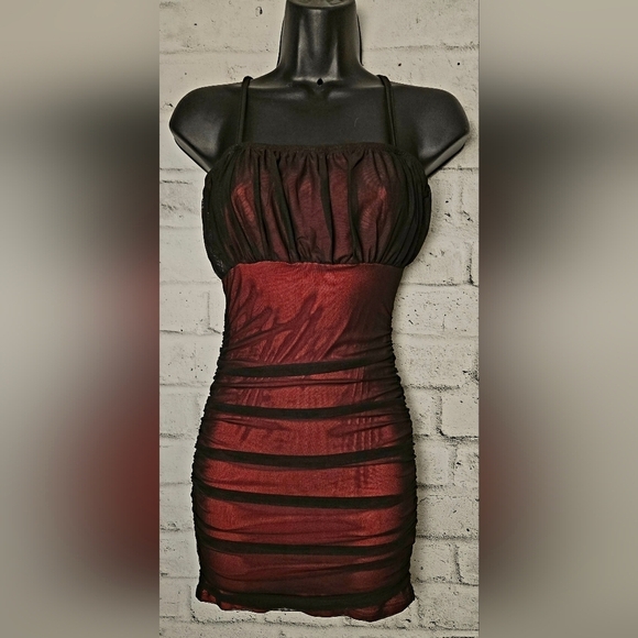 SHEIN Dresses & Skirts - SHEIN Black Red Mesh Ruched Bodycon Mini Dress US 2